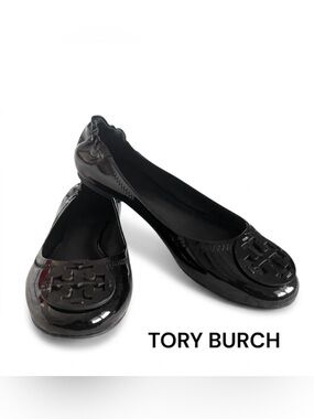 Tory Burch Black Patent Leather Logo Ballet Flats
